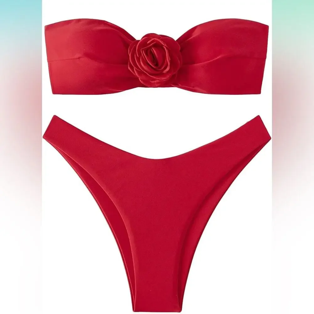 Oyoangle-Red Bandeau Flower Bikini Set-Med